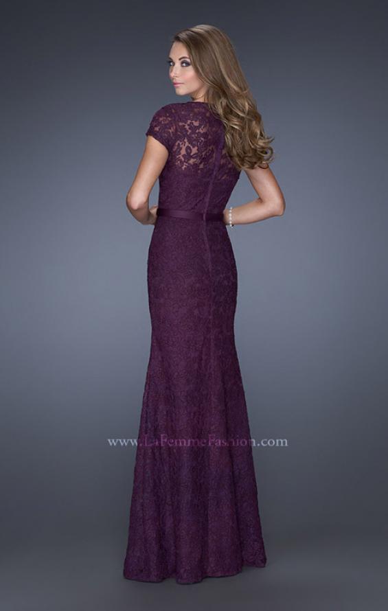 Picture of: Cap Sleeve Lace Evening Dress with Belted Waist in Purple, Style: 20464, Back Picture