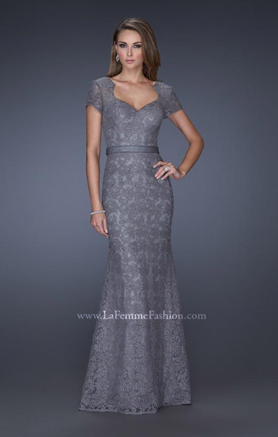 Picture of: Cap Sleeve Lace Evening Dress with Belted Waist in Silver, Style: 20464, Detail Picture 2