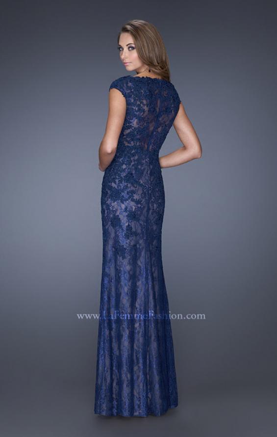 Picture of: Cap Sleeve Lace Evening Gown with High Scoop Neck in Blue, Style: 20471, Back Picture