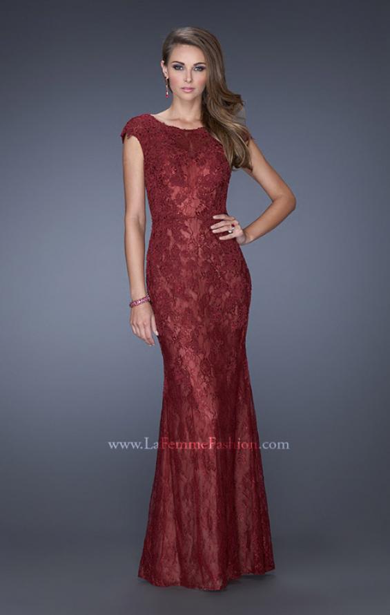 Picture of: Cap Sleeve Lace Evening Gown with High Scoop Neck in Red, Style: 20471, Detail Picture 1