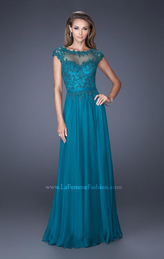 Picture of: Cap Sleeve Chiffon Evening Dress with Lace Accents in Blue, Style: 20476, Detail Picture 1