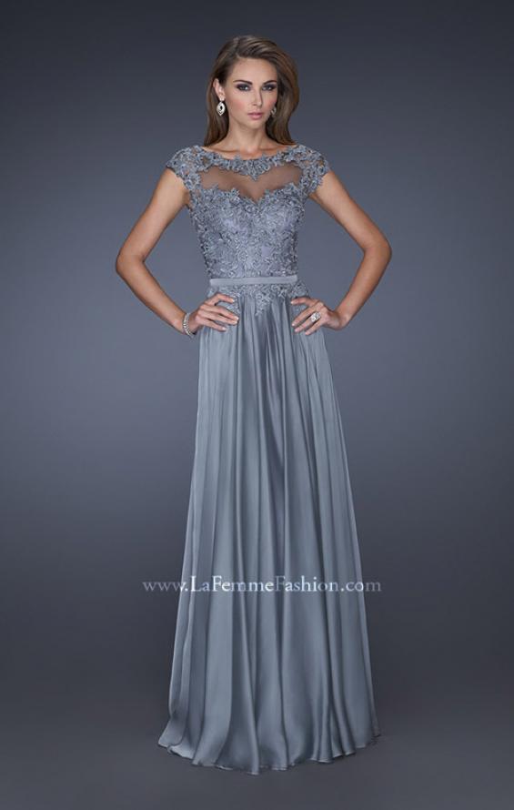 Picture of: Cap Sleeve Chiffon Evening Dress with Lace Accents in Silver, Style: 20476, Detail Picture 2