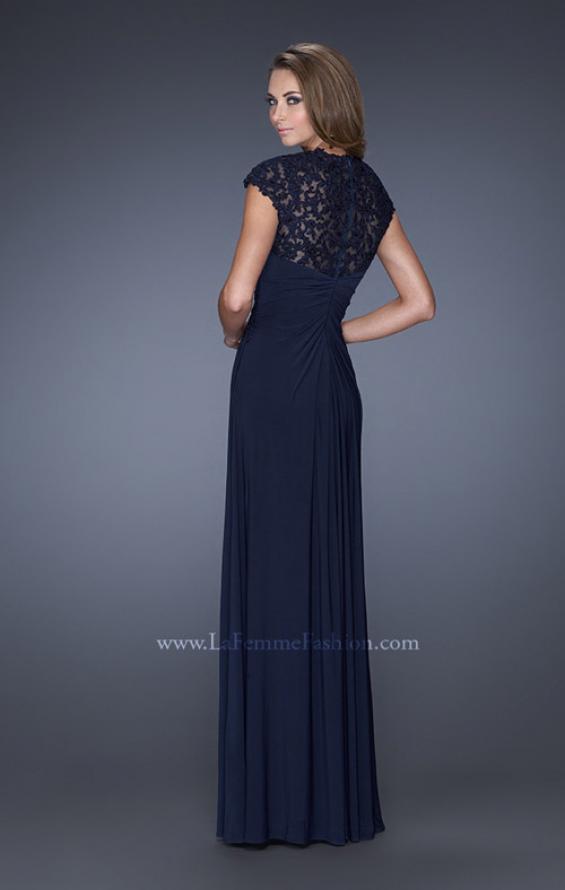 Picture of: Evening Gown with Lace, Ruching, and Cap Sleeves in Blue, Style: 20487, Back Picture