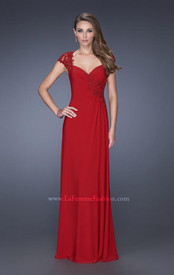 Picture of: Evening Gown with Lace, Ruching, and Cap Sleeves in Red, Style: 20487, Detail Picture 1