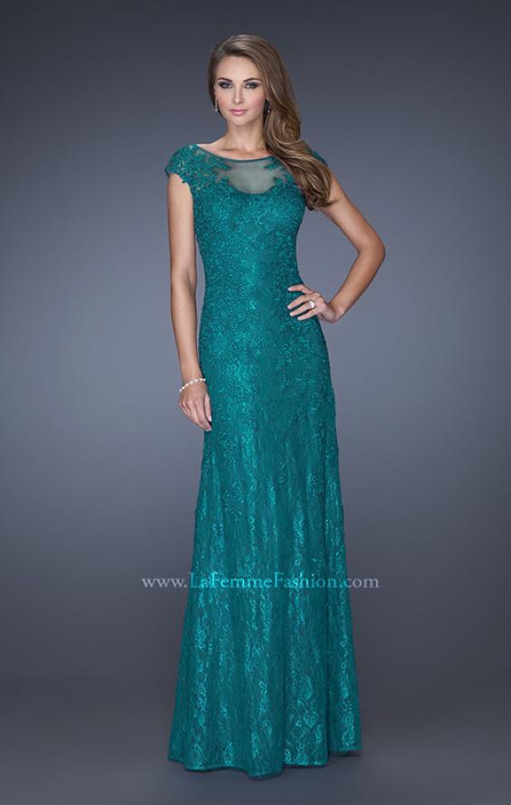 Picture of: Long Lace Evening Dress with Cap Sleeves in Green, Style: 20490, Detail Picture 2