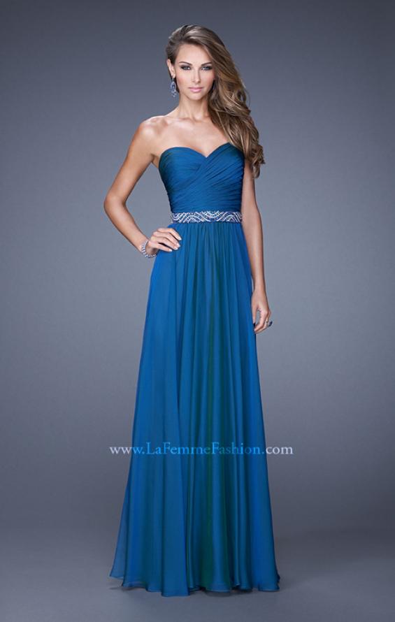 Picture of: Long Chiffon Dress with Ruched Detail and Embellishments in Blue, Style: 20527, Main Picture