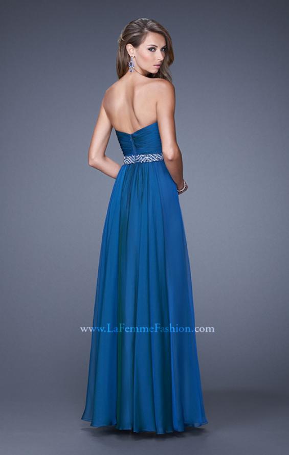 Picture of: Long Chiffon Dress with Ruched Detail and Embellishments in Blue, Style: 20527, Back Picture