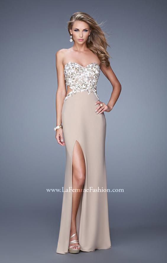 Picture of: Long Jersey Prom Dress with Sequined Lace Appliques in Nude, Style: 20536, Detail Picture 1