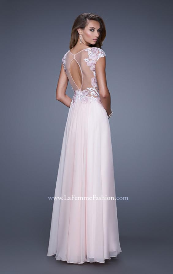 Picture of: Long Chiffon Prom Dress with Sheer Neck and Cap Sleeves in Pink, Style: 20540, Back Picture