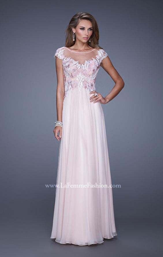Picture of: Long Chiffon Prom Dress with Sheer Neck and Cap Sleeves in Pink, Style: 20540, Detail Picture 1