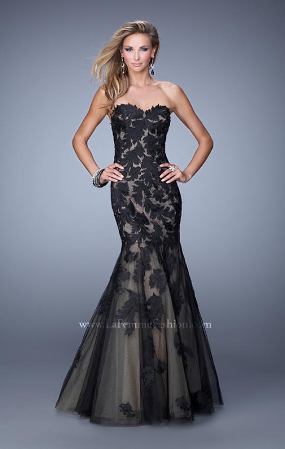 Picture of: Mermaid Prom Dress with Embroidered Leaf Applique in Black, Style: 20553, Detail Picture 1