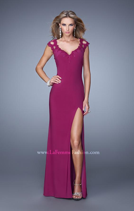 Picture of: Cap Sleeve Beaded Lace Long Jersey Prom Dress in Pink, Style: 20555, Detail Picture 1