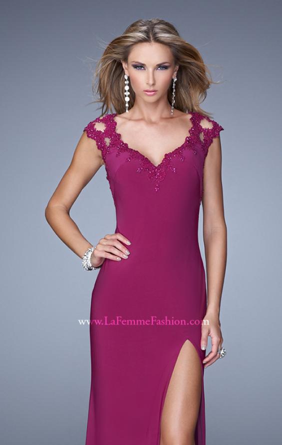 Picture of: Cap Sleeve Beaded Lace Long Jersey Prom Dress in Pink, Style: 20555, Detail Picture 2