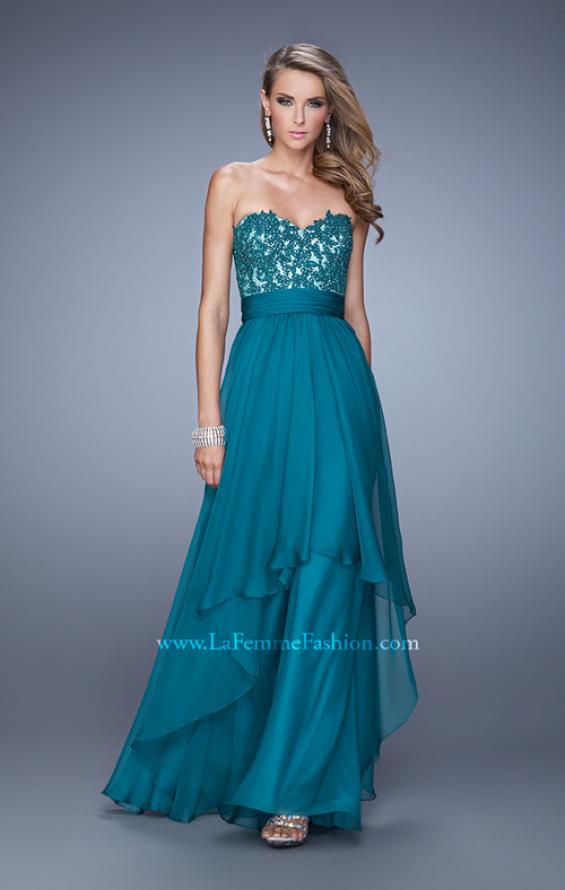 Picture of: Long Chiffon Dress with Tiered Skirt and Jeweled Lace in Blue, Style: 20557, Detail Picture 1