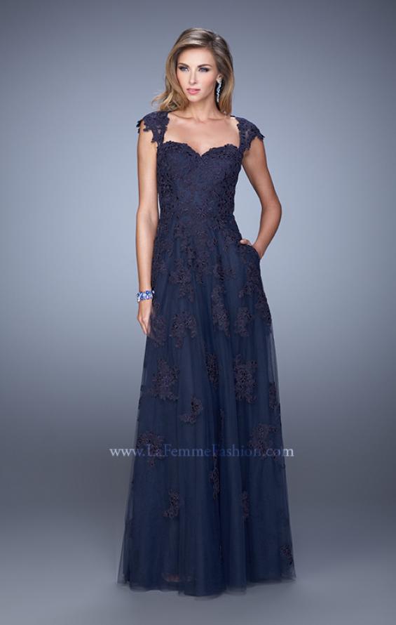 Picture of: Tulle Prom Dress with Lace Applique and Cap Sleeves in Blue, Style: 20558, Detail Picture 1