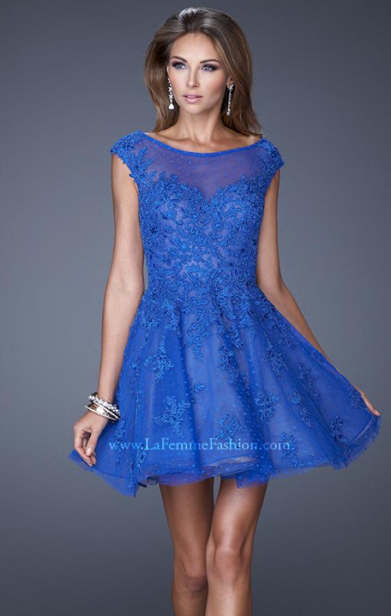 Picture of: Tulle and Lace Cocktail Dress with Polka Dot Detail in Blue, Style: 20591, Main Picture