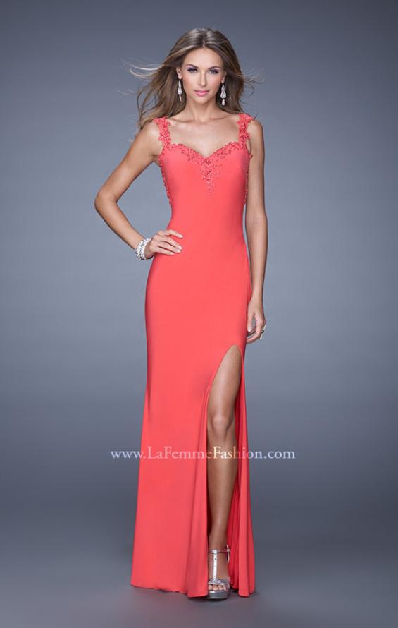 Picture of: Long Jersey Prom Dress with Side Slit and Embellishments in Orange, Style: 20614, Detail Picture 1