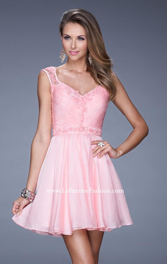 Picture of: Short Chiffon Prom Dress with Jeweled Lace Accents in Pink, Style: 20618, Detail Picture 1