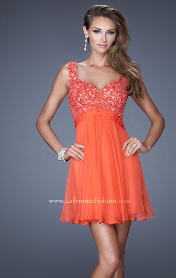 Picture of: Short Chiffon Prom Dress with Jeweled Lace Bodice in Orange, Style: 20631, Main Picture