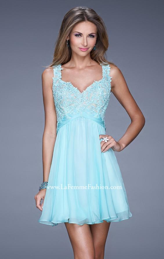 Picture of: Short Chiffon Prom Dress with Jeweled Lace Bodice in Blue, Style: 20631, Detail Picture 1