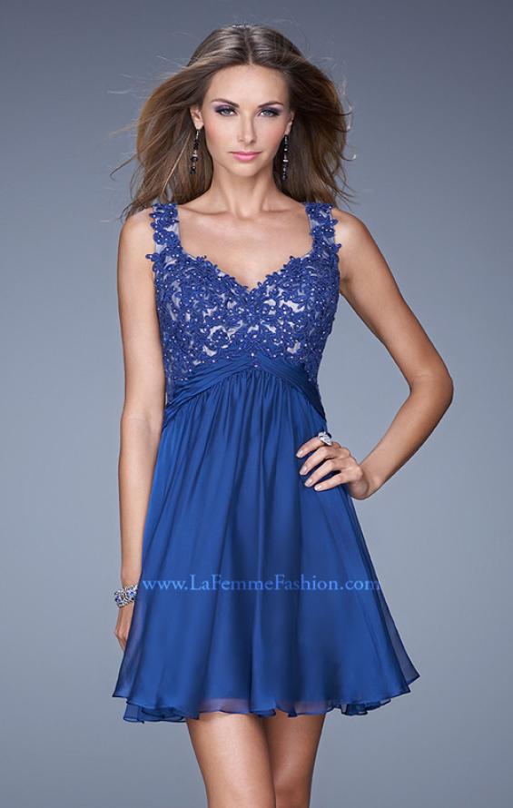 Picture of: Short Chiffon Prom Dress with Jeweled Lace Bodice in Blue, Style: 20631, Detail Picture 2