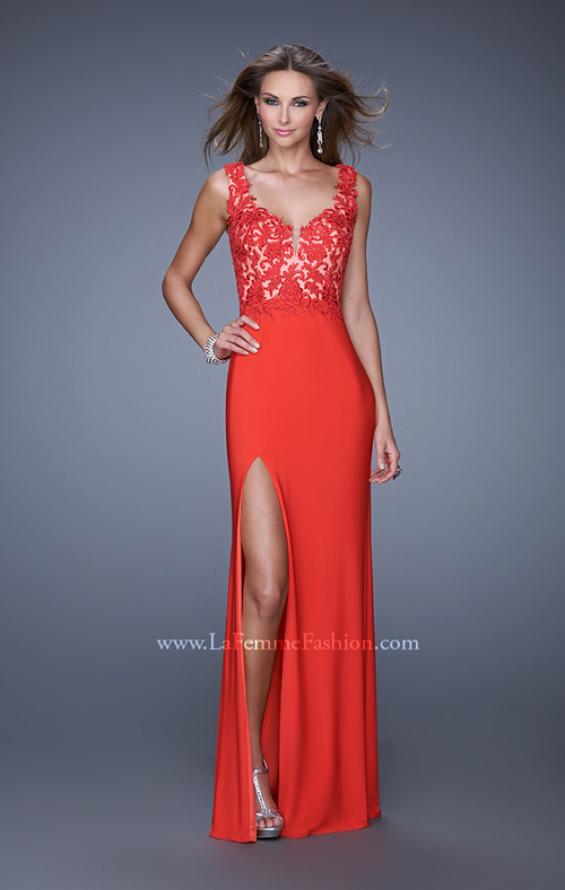 Picture of: Sleeveless Jersey Gown with Lace Bodice and Slit in Orange, Style: 20640, Main Picture