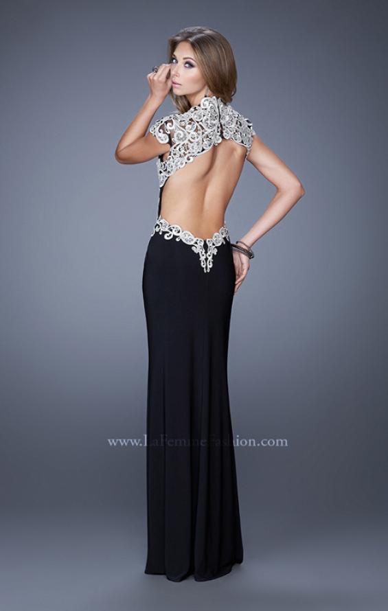 Picture of: Sheer Cap Sleeve Long Jersey Prom Dress with Details in Black, Style: 20648, Back Picture