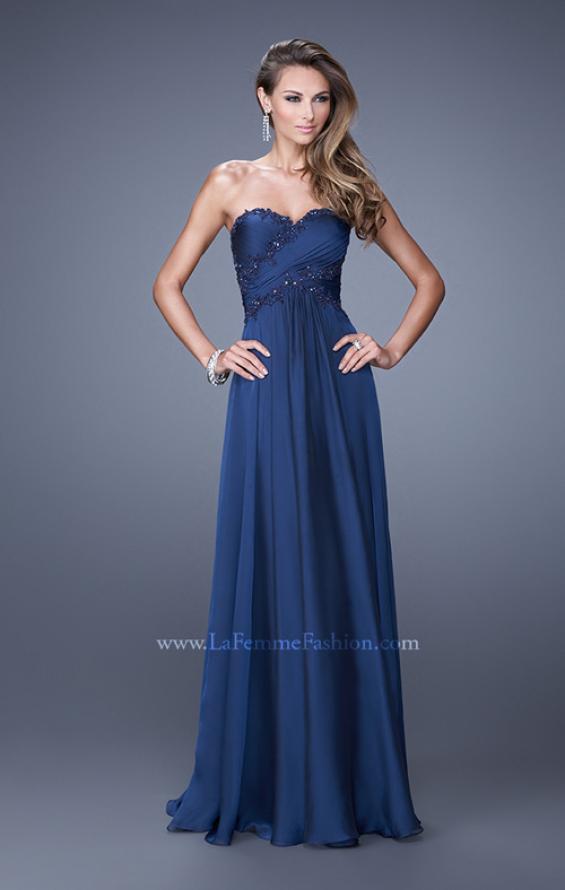 Picture of: Chiffon Gown with Criss Cross Ruched Bodice and Beads in Blue, Style: 20658, Main Picture