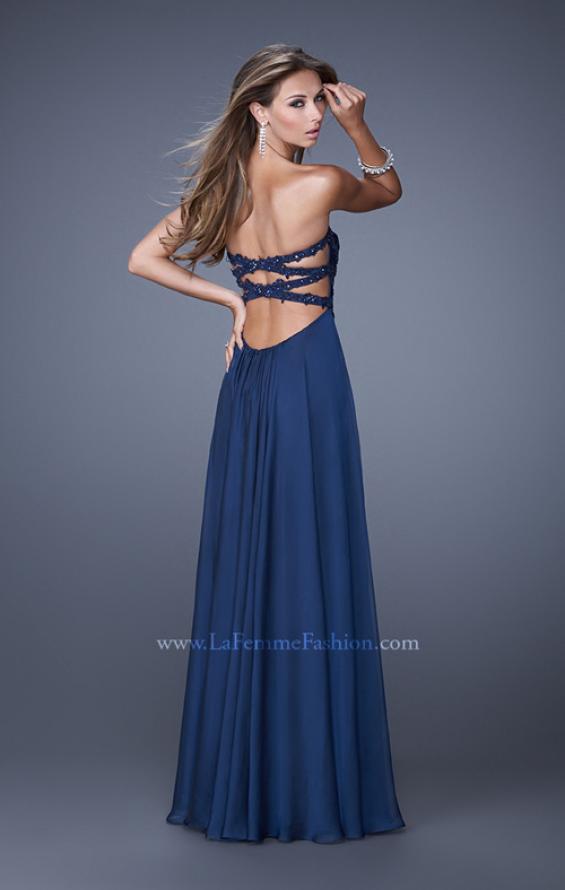 Picture of: Chiffon Gown with Criss Cross Ruched Bodice and Beads in Blue, Style: 20658, Back Picture
