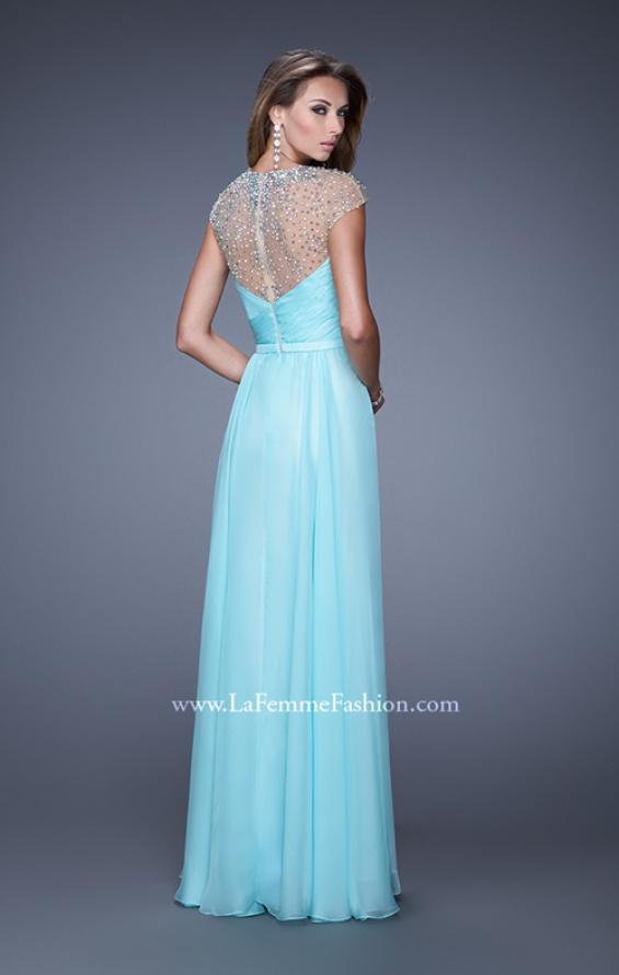 Picture of: Cap Sleeve Long Prom Dress with Sheer High Neckline in Blue, Style: 20739, Back Picture