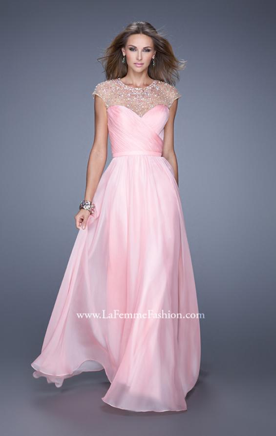 Picture of: Cap Sleeve Long Prom Dress with Sheer High Neckline in Pink, Style: 20739, Detail Picture 1