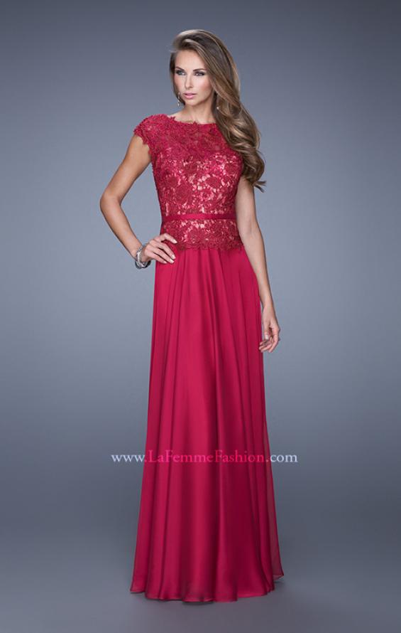 Picture of: Lace Bodice Cap Sleeve Prom Dress with Thin Belt in Red, Style: 20778, Main Picture