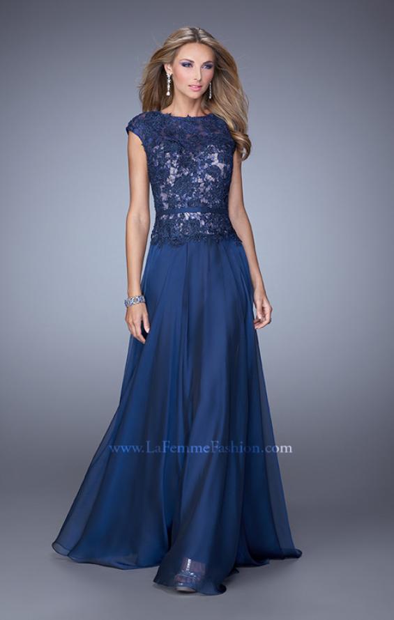 Picture of: Lace Bodice Cap Sleeve Prom Dress with Thin Belt in Navy, Style: 20778, Detail Picture 1