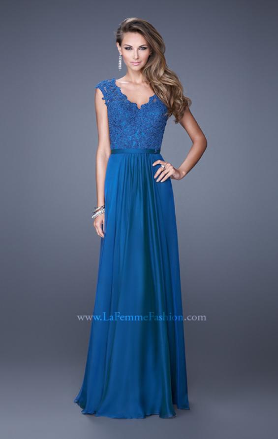 Picture of: V Neck Long Chiffon Dress with Lace and Cap Sleeves in Blue, Style: 20812, Main Picture