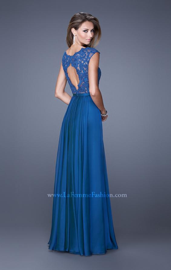 Picture of: V Neck Long Chiffon Dress with Lace and Cap Sleeves in Blue, Style: 20812, Back Picture