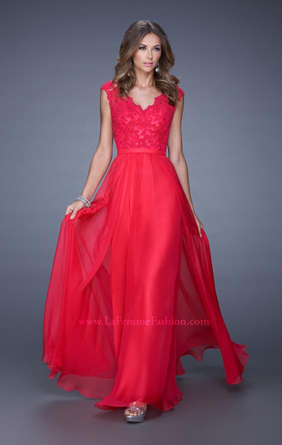 Picture of: V Neck Long Chiffon Dress with Lace and Cap Sleeves in Red, Style: 20812, Detail Picture 1