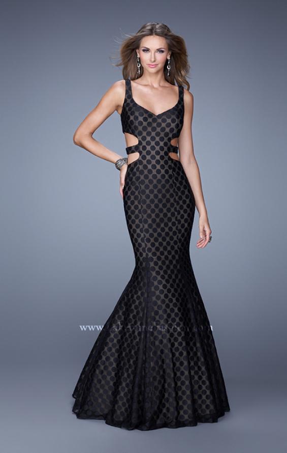 Picture of: Long Mermaid Gown with Polka Dot Lace Overlay in Black, Style: 20813, Main Picture