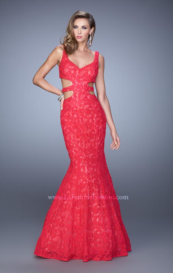 Picture of: Long Lace Mermaid Dress with Cut Outs in Red, Style: 20824, Detail Picture 2