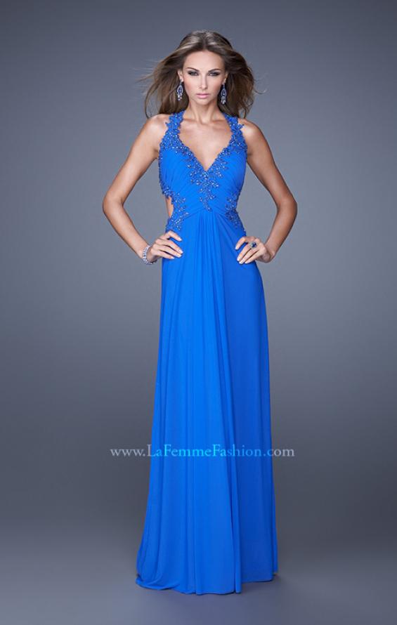 Picture of: Halter Net Jersey Prom Dress with Beaded Lace Trim in Blue, Style: 20867, Main Picture