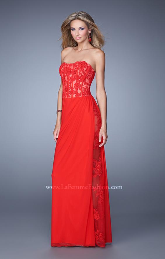 Picture of: Long Lace Corset Bodice Prom Dress with Open Back in Red, Style: 20869, Detail Picture 3