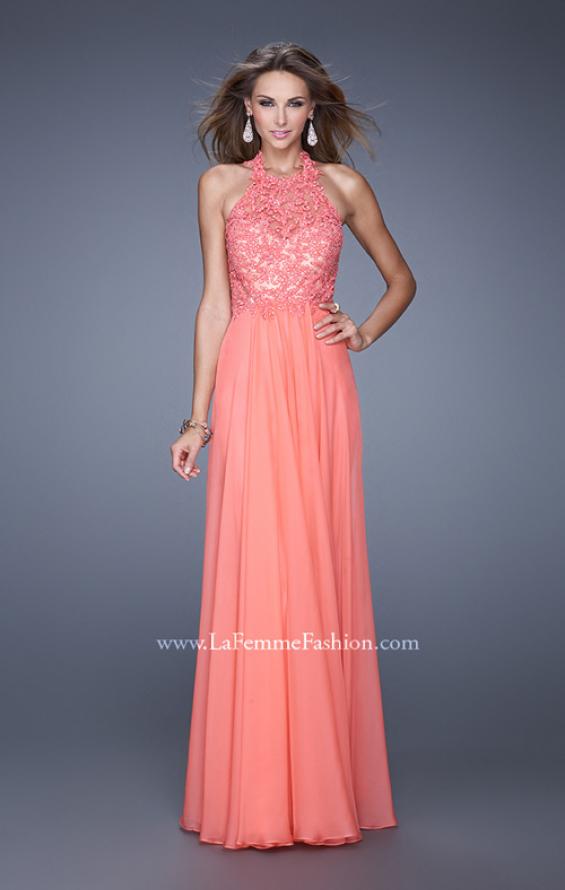 Picture of: Halter Neck and Lace Bodice Long Prom Gown in Coral, Style: 20874, Main Picture