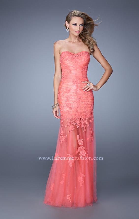 Picture of: Long Form Fitting Prom Dress with Sheer Tulle Skirt in Coral, Style: 20881, Main Picture