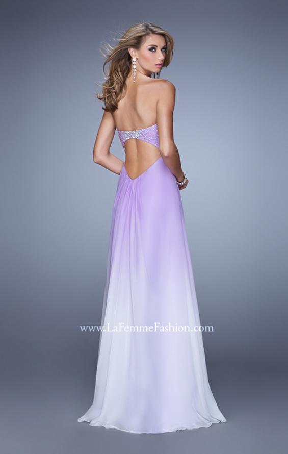 Picture of: Long Ombre Chiffon Dress with Ruching and Pearls in Purple, Style: 20885, Back Picture