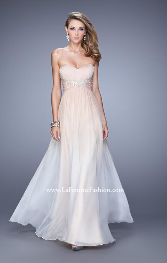 Picture of: Long Ombre Chiffon Dress with Ruching and Pearls in Nude, Style: 20885, Detail Picture 1