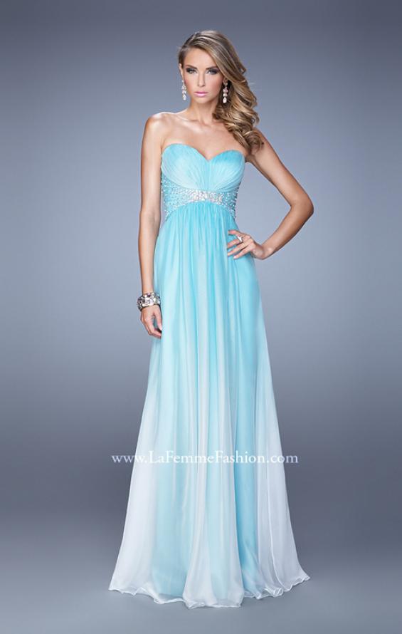 Picture of: Long Ombre Chiffon Dress with Ruching and Pearls in Aqua, Style: 20885, Detail Picture 2
