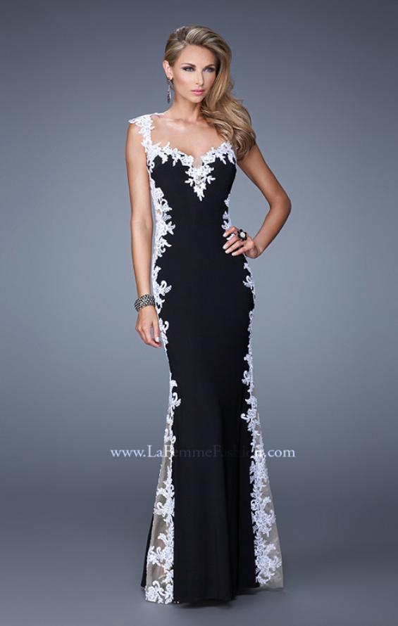 Picture of: Long Jersey Dress with Lace and Small Cap Sleeves in Black White, Style: 20895, Main Picture