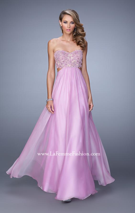 Picture of: Long Strapless Chiffon Gown with Beaded Lace Applique in Wisteria, Style: 20898, Detail Picture 1