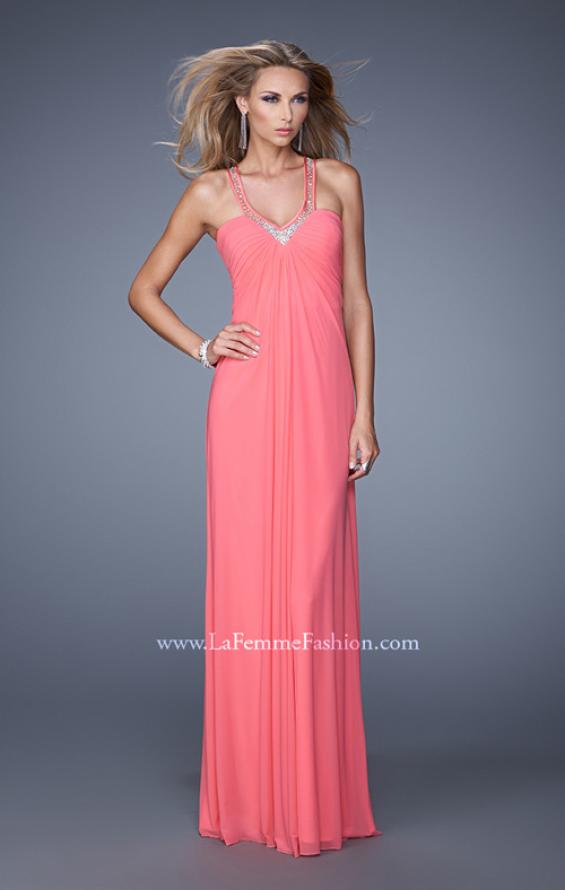 Picture of: Net Jersey Prom Dress with Sheer Beaded Straps in Coral, Style: 20903, Detail Picture 3
