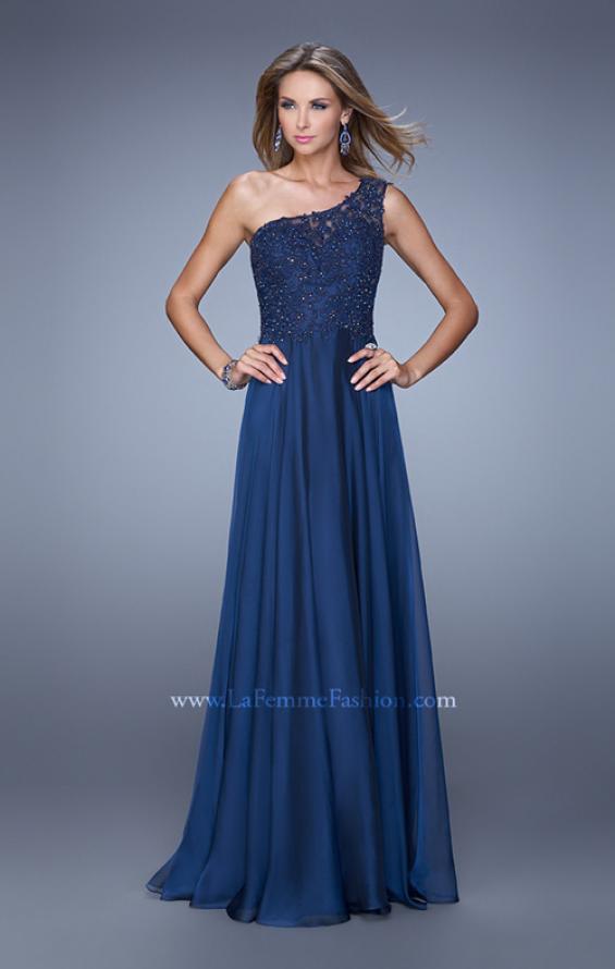 Picture of: Long One Shoulder Chiffon Dress with Sheer Strap and Back in Navy, Style: 20907, Detail Picture 2