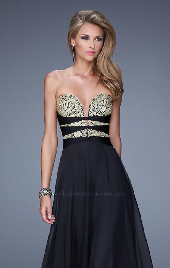 Picture of: Long Chiffon Gown with Embroidered Bodice with "X" Back in Black, Style: 20921, Detail Picture 9